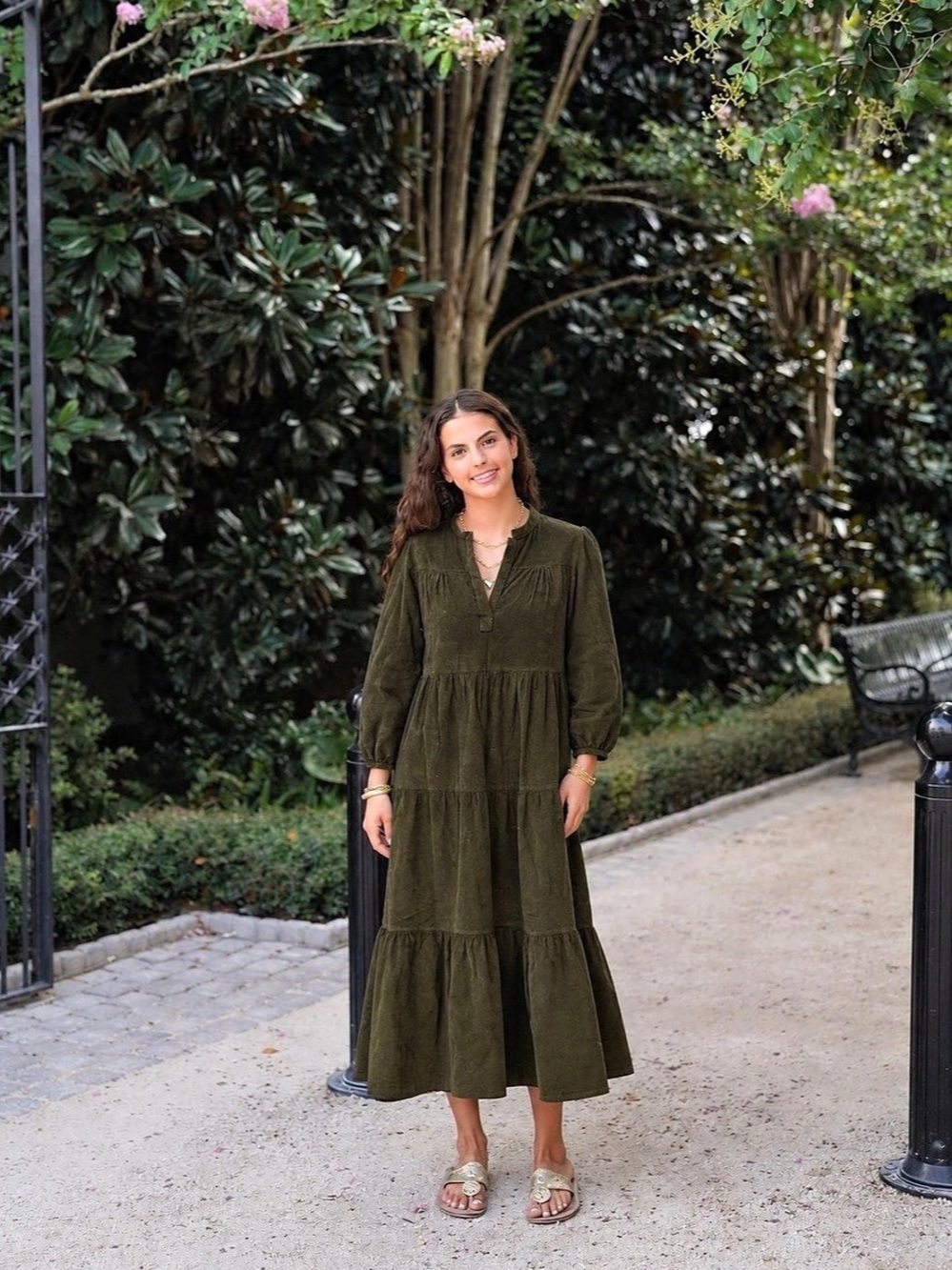 Madison Mathews Olive Green Corduroy Tiered Maxi Dress XS